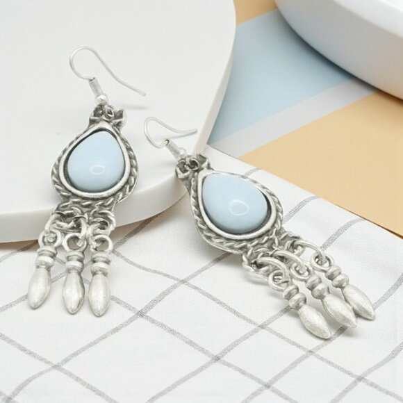 Turkish Zamak Dangle Earrings with Stabilized Turquoise Handmade Jewelry - Picture 6 of 11